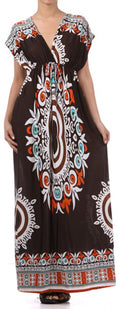 Ethnic Tribal Print V-Neck Cap Sleeve Empire Waist Long / Maxi Dress#color_Chocolate