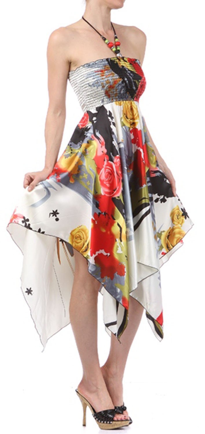 Rose Design Satin Feel Beaded Halter Smocked Bodice Handkerchief Hem Dress