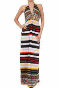 Sakkas Aztec Stripe Medallion Halter Maxi Dress#color_MulticolorBlack