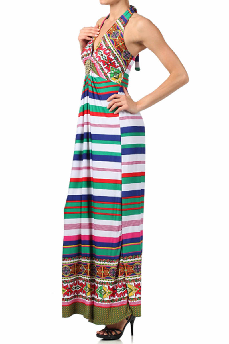 Sakkas Aztec Stripe Medallion Halter Maxi Dress