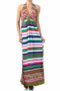 Sakkas Aztec Stripe Medallion Halter Maxi Dress#color_MulticolorPink