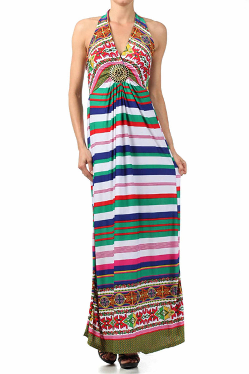 Sakkas Aztec Stripe Medallion Halter Maxi Dress