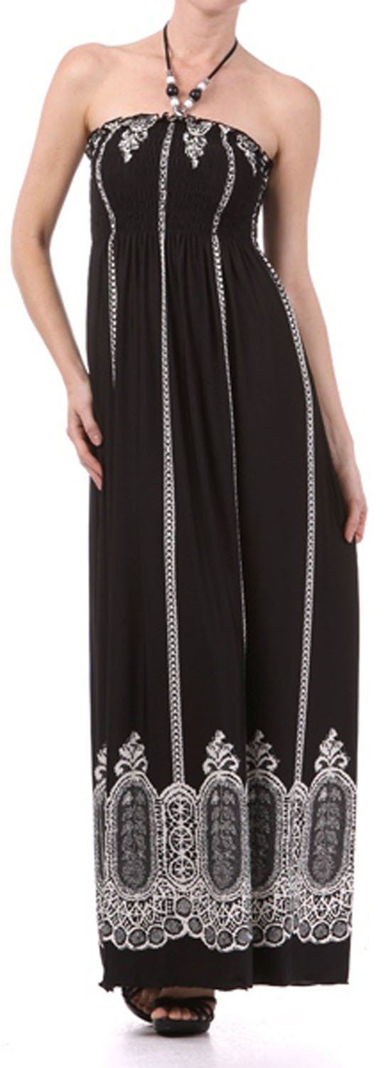 Vertical Stripes Print Beaded Halter Smocked Bodice Long / Maxi Dress#color_Black