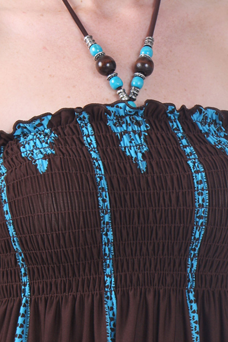 Vertical Stripes Print Beaded Halter Smocked Bodice Long / Maxi Dress