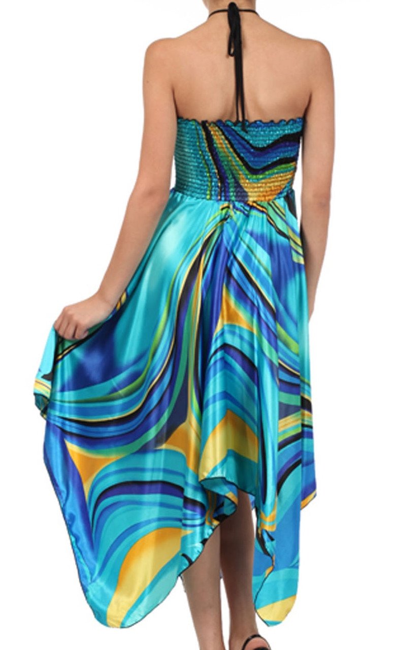 Swirl Design Satin Feel Beaded Halter Smocked Bodice Handkerchief Hem Dress