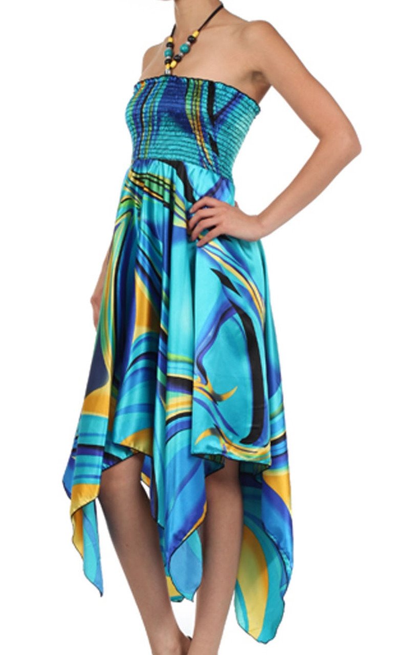 Swirl Design Satin Feel Beaded Halter Smocked Bodice Handkerchief Hem Dress