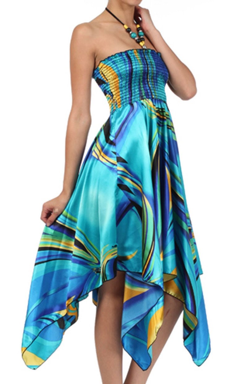 Swirl Design Satin Feel Beaded Halter Smocked Bodice Handkerchief Hem Dress