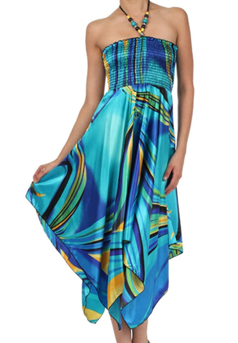 Swirl Design Satin Feel Beaded Halter Smocked Bodice Handkerchief Hem Dress