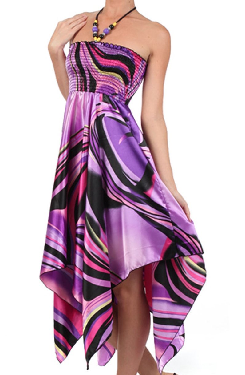 Swirl Design Satin Feel Beaded Halter Smocked Bodice Handkerchief Hem Dress