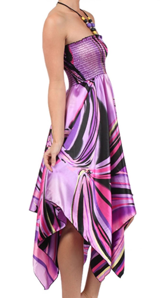 Swirl Design Satin Feel Beaded Halter Smocked Bodice Handkerchief Hem Dress