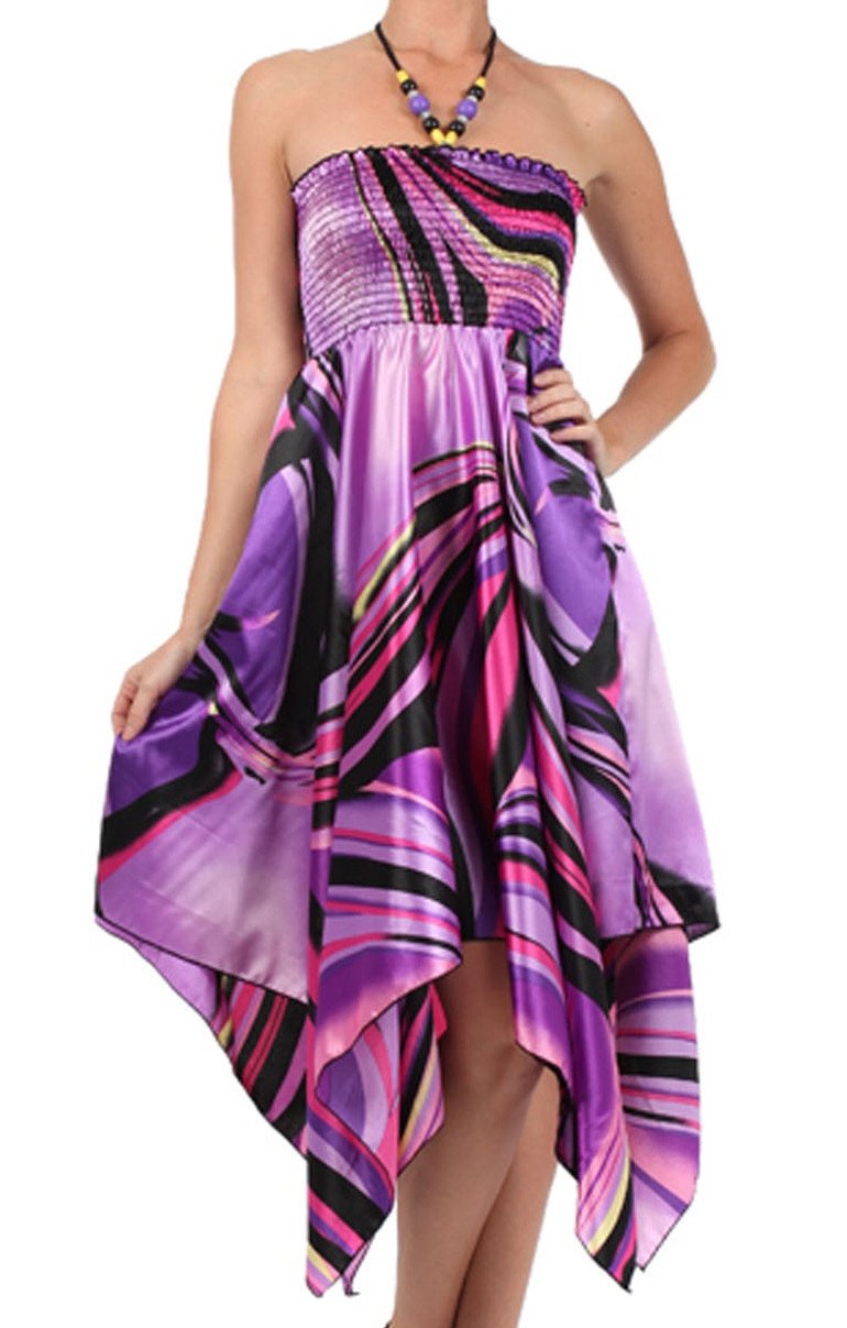 Swirl Design Satin Feel Beaded Halter Smocked Bodice Handkerchief Hem Dress