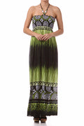 Sakkas Geometric Arches Beaded Halter Smocked Bodice Long Dress#color_Green