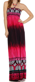 Sakkas Geometric Arches Beaded Halter Smocked Bodice Long Dress#color_Fuchsia