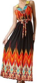 Beaded Neckline Tribal Inspired Graphic Print Maxi / Long Dress