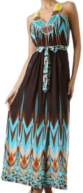 Beaded Neckline Tribal Inspired Graphic Print Maxi / Long Dress#color_Turquoise