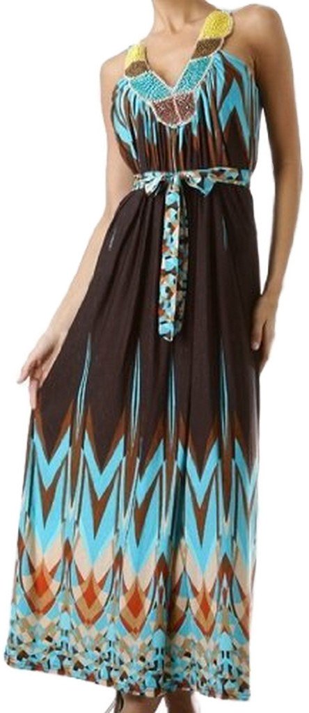 Beaded Neckline Tribal Inspired Graphic Print Maxi / Long Dress