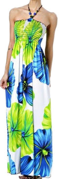Sakkas Large Flower Graphc Print Beaded Halter Smocked Bodice Maxi / Long Dress#color_Green / Blue