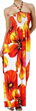 Sakkas Large Flower Graphc Print Beaded Halter Smocked Bodice Maxi / Long Dress#color_Red