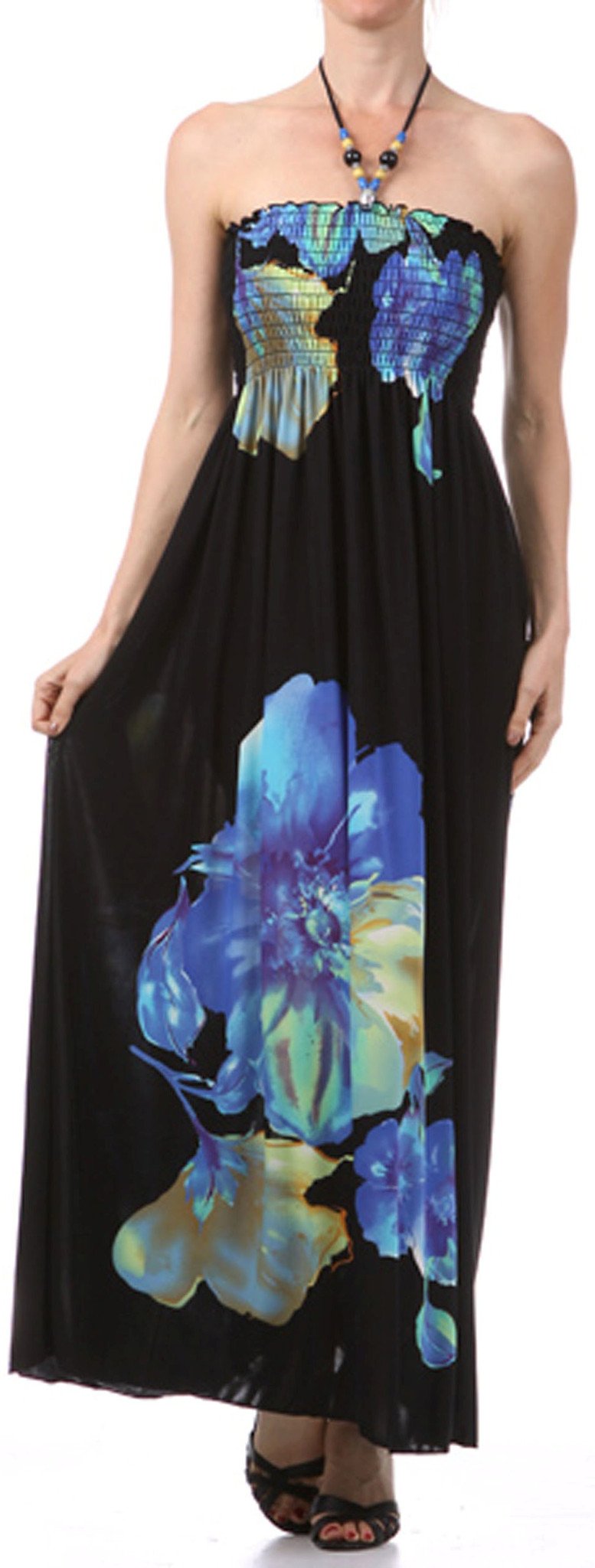 Sakkas Floral on Black Graphic Print Beaded Halter Smocked Bodice Maxi Dress
