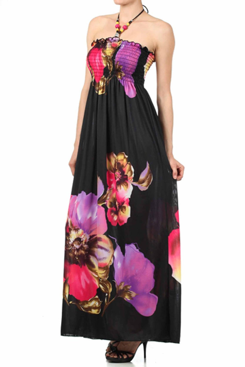 Sakkas Floral on Black Graphic Print Beaded Halter Smocked Bodice Maxi Dress