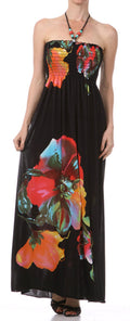Sakkas Floral on Black Graphic Print Beaded Halter Smocked Bodice Maxi Dress#color_Red