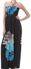 Sakkas Two Flowers on Solid Black Graphic Print Halter Smocked Bodice Long Dress#color_Blue