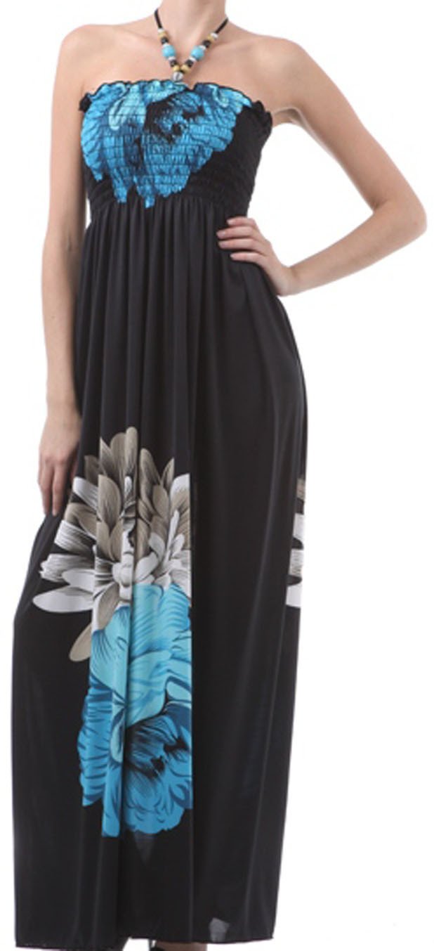 Sakkas Two Flowers on Solid Black Graphic Print Halter Smocked Bodice Long Dress