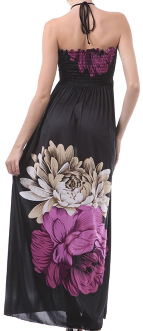 Sakkas Two Flowers on Solid Black Graphic Print Halter Smocked Bodice Long Dress