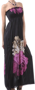 Sakkas Two Flowers on Solid Black Graphic Print Halter Smocked Bodice Long Dress#color_Purple