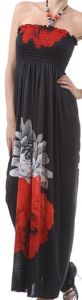 Sakkas Two Flowers on Solid Black Graphic Print Halter Smocked Bodice Long Dress#color_Red