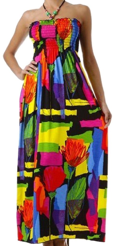 Bright Colorful Shapes Graphic Print Beaded Halter Smocked Bodice Maxi / Long Dress