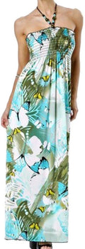 Sakkas Butterfly Graphic Print Beaded Halter Smocked Bodice Maxi / Long Dress#color_Green