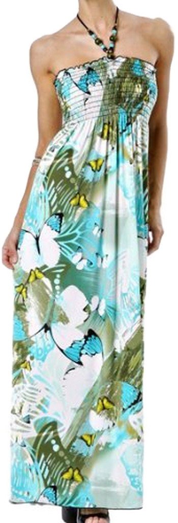 Sakkas Butterfly Graphic Print Beaded Halter Smocked Bodice Maxi / Long Dress