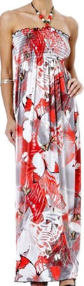 Sakkas Butterfly Graphic Print Beaded Halter Smocked Bodice Maxi / Long Dress#color_Red