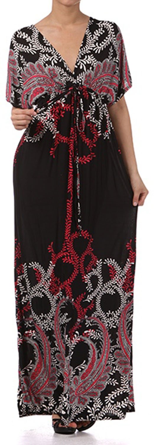 Sakkas Paisley V-Neck Cap Sleeve Empire Waist Long / Maxi Dress#color_Fuchsia