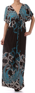 Sakkas Paisley V-Neck Cap Sleeve Empire Waist Long / Maxi Dress#color_Turquoise
