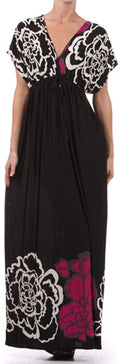 Sakkas Big Flower Graphic Print V-neck Cap Sleeve Empire Waist Long Dress#color_Magenta
