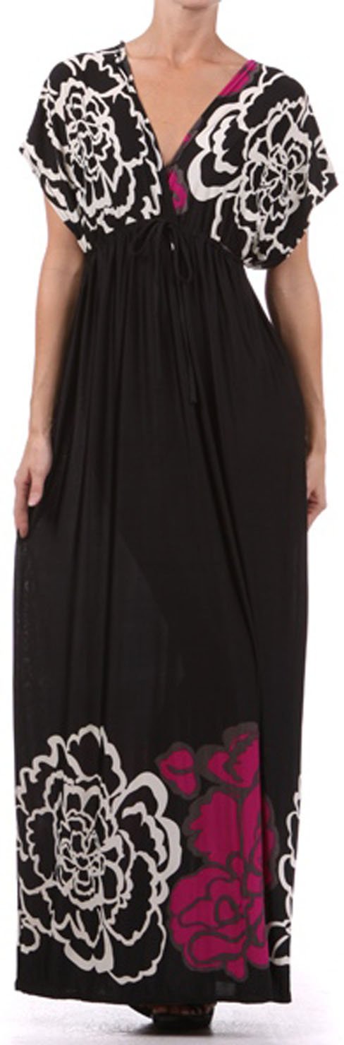 Sakkas Big Flower Graphic Print V-neck Cap Sleeve Empire Waist Long Dress
