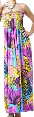 Cheetah Inspired Graphic Print Beaded Halter Smocked Bodice Maxi / Long Dress#color_Purple
