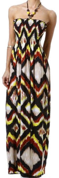 Diamond Graphic Print Beaded Halter Smocked Bodice Maxi / Long Dress#color_RustYellow