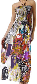 Retro Fashion Inspired Graphic Print Beaded Halter Smocked Bodice Maxi / Long Dress#color_Multi-colored