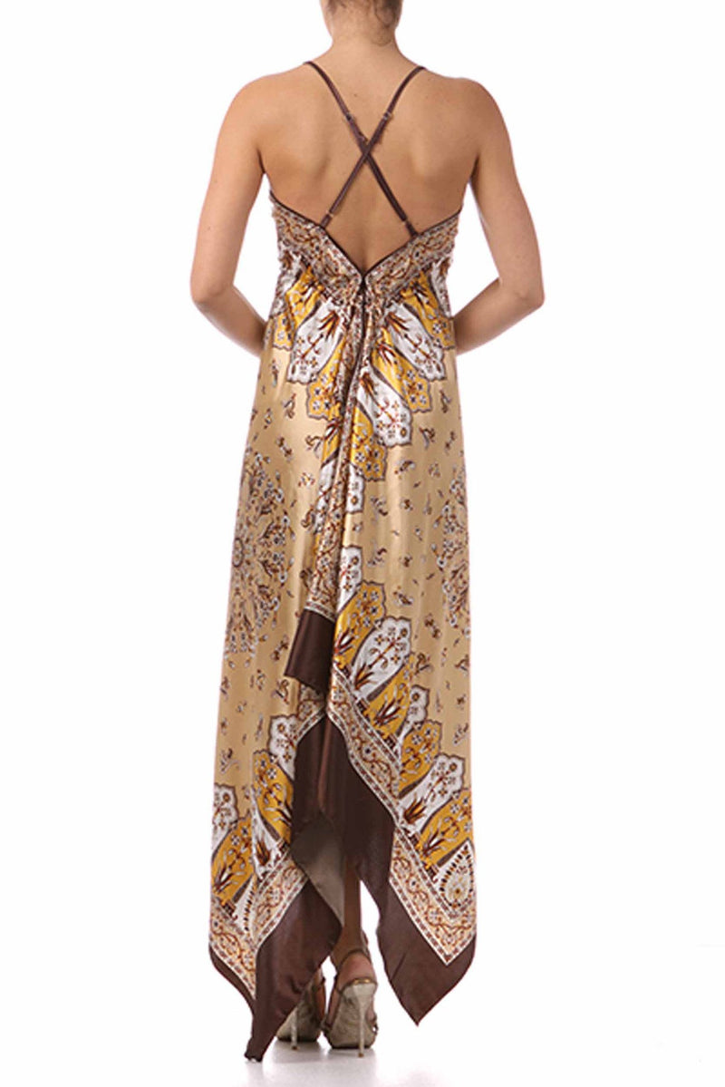 Silk Feel Handkerchief Hem Criss Cross Back Adjustable Maxi / Long Dress
