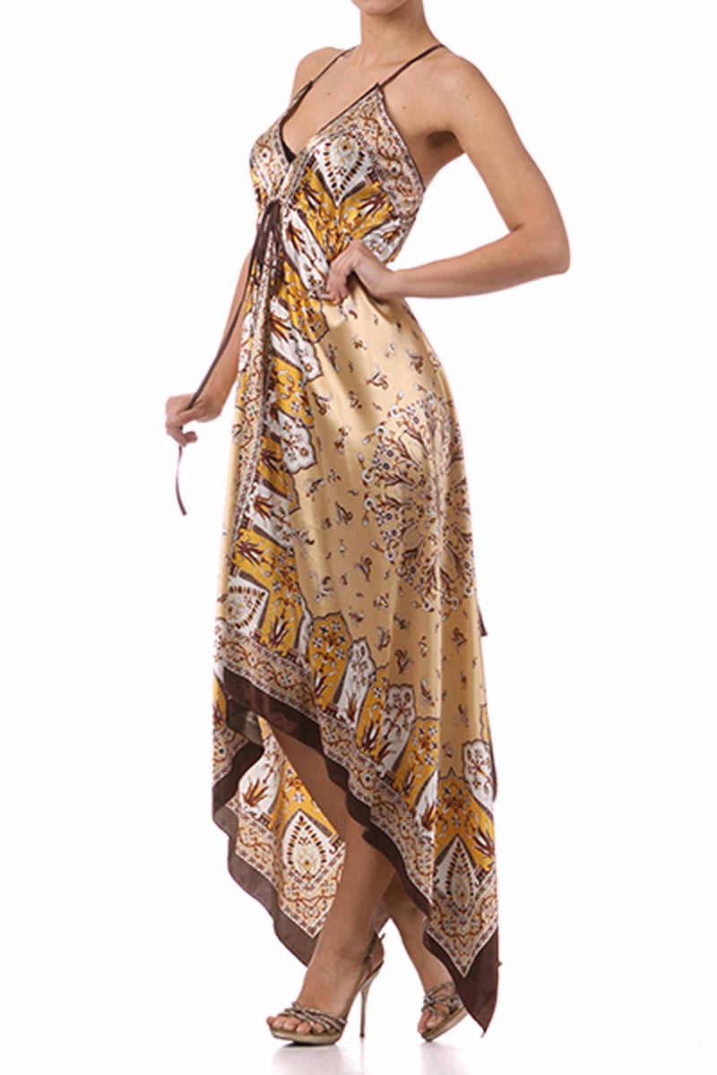 Silk Feel Handkerchief Hem Criss Cross Back Adjustable Maxi / Long Dress