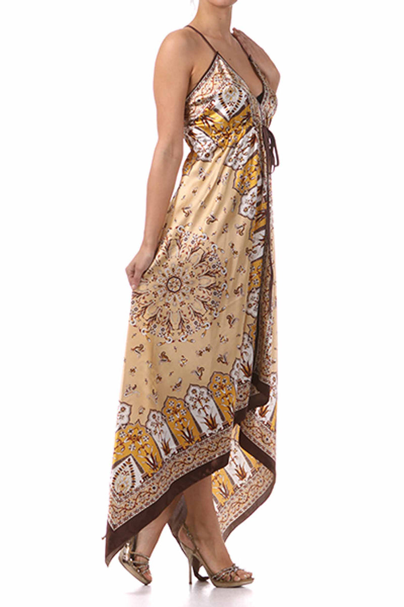 Silk Feel Handkerchief Hem Criss Cross Back Adjustable Maxi / Long Dress
