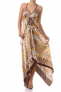 Silk Feel Handkerchief Hem Criss Cross Back Adjustable Maxi / Long Dress#color_Brown/Gold