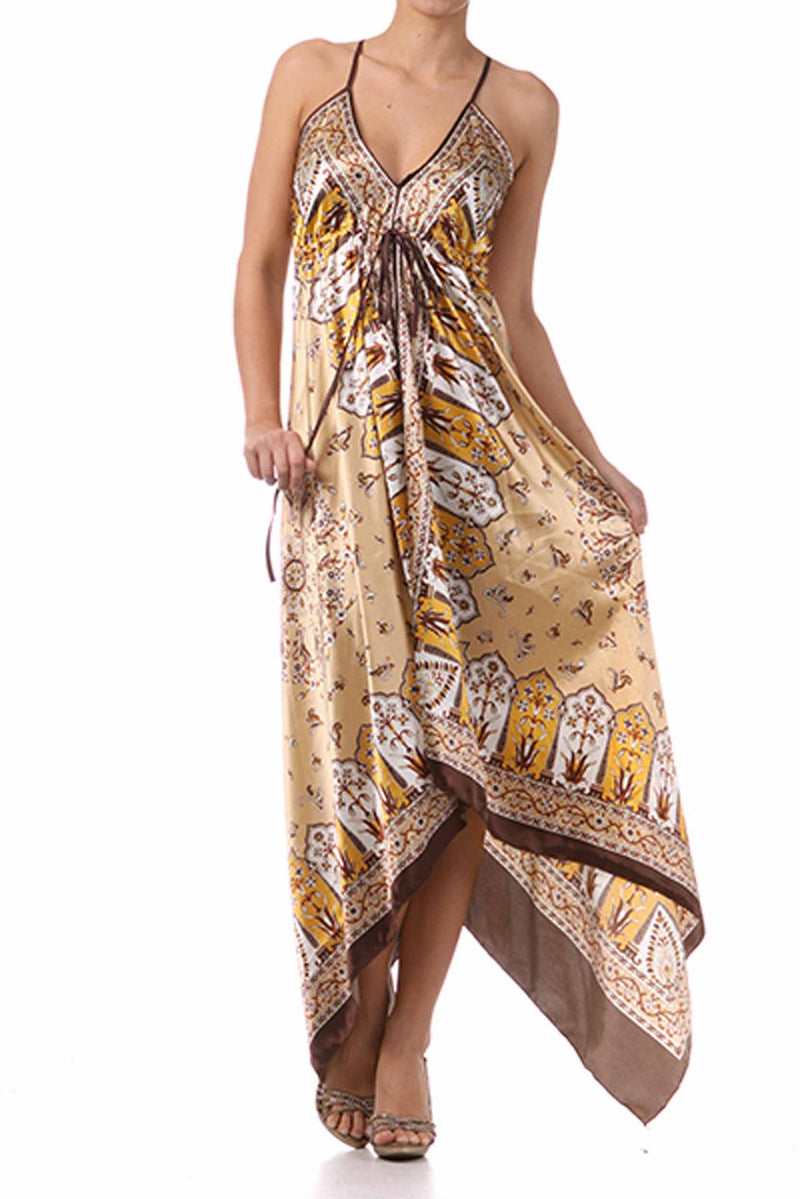Silk Feel Handkerchief Hem Criss Cross Back Adjustable Maxi / Long Dress