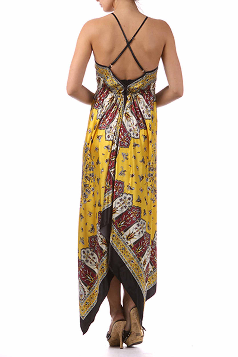 Silk Feel Handkerchief Hem Criss Cross Back Adjustable Maxi / Long Dress