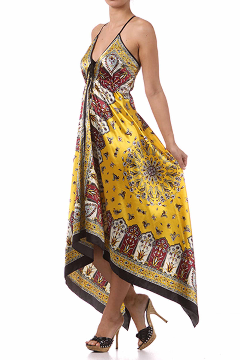 Silk Feel Handkerchief Hem Criss Cross Back Adjustable Maxi / Long Dress