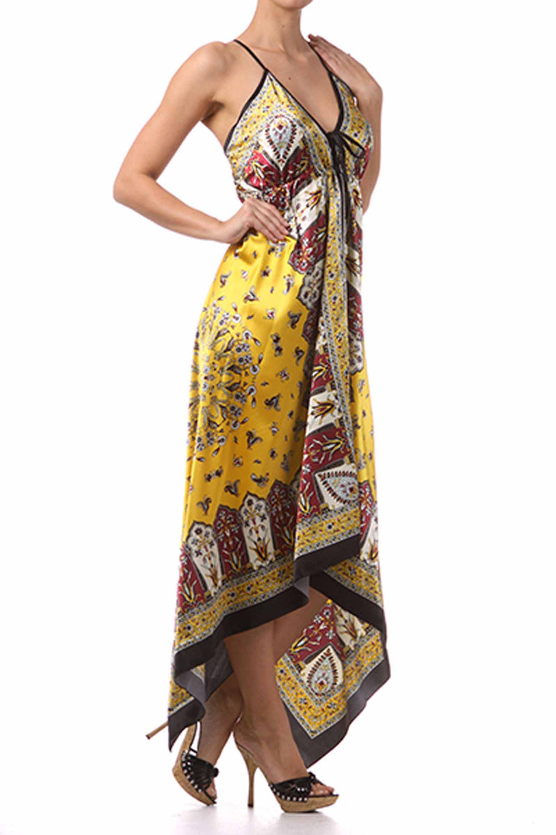 Silk Feel Handkerchief Hem Criss Cross Back Adjustable Maxi / Long Dress