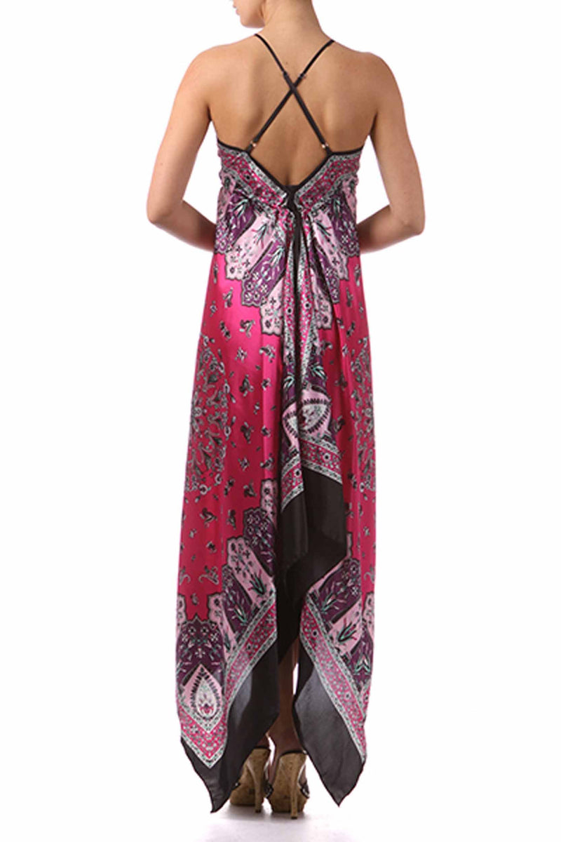 Silk Feel Handkerchief Hem Criss Cross Back Adjustable Maxi / Long Dress